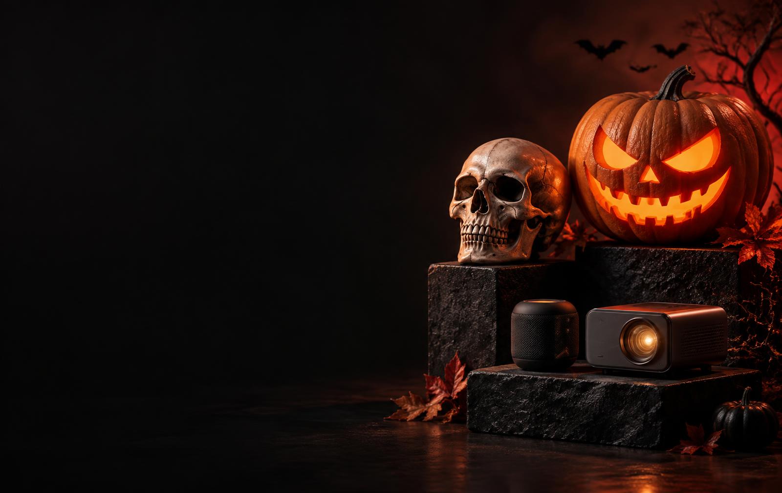 Halloween still life with pumpkin, skull and gadgets
